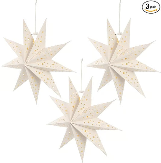 3Pcs Star Lantern Lampshade 9 Pointed Star Hanging Decorations for Christmas